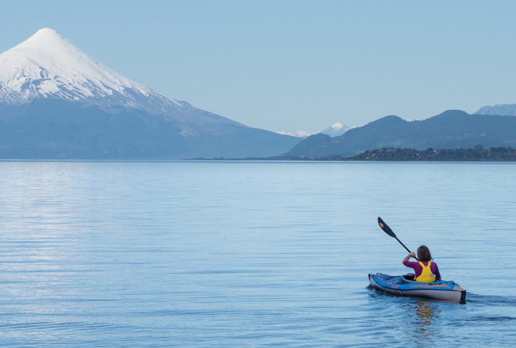 Advanced Elements Advancedframe Expedition Elite AE1009-XE Inflatable Kayak - on lake with snow mountain